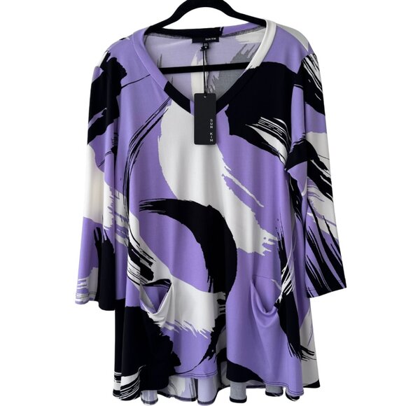 Sun Kim Tops - Sun Kim V-Neck Long Sleeve Tunic Purple Black White Pockets High Low Hem Size M